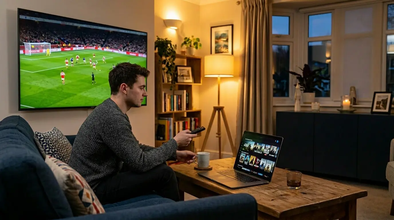 IPTV vs BBC iPlayer for World Cup 2026 – UK viewer choosing between streaming options on smart TV and laptop