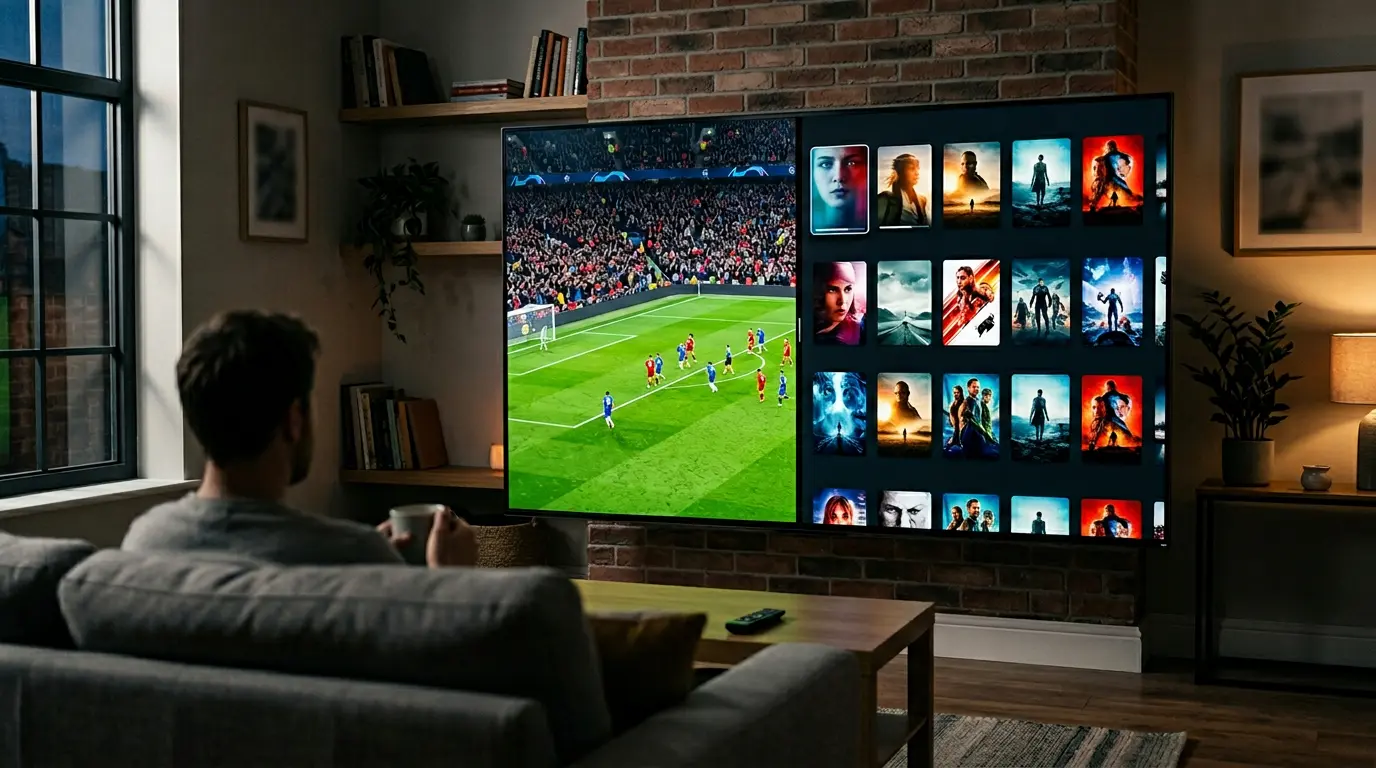 IPTV vs Netflix UK – split screen showing live football and a streaming library on a smart TV