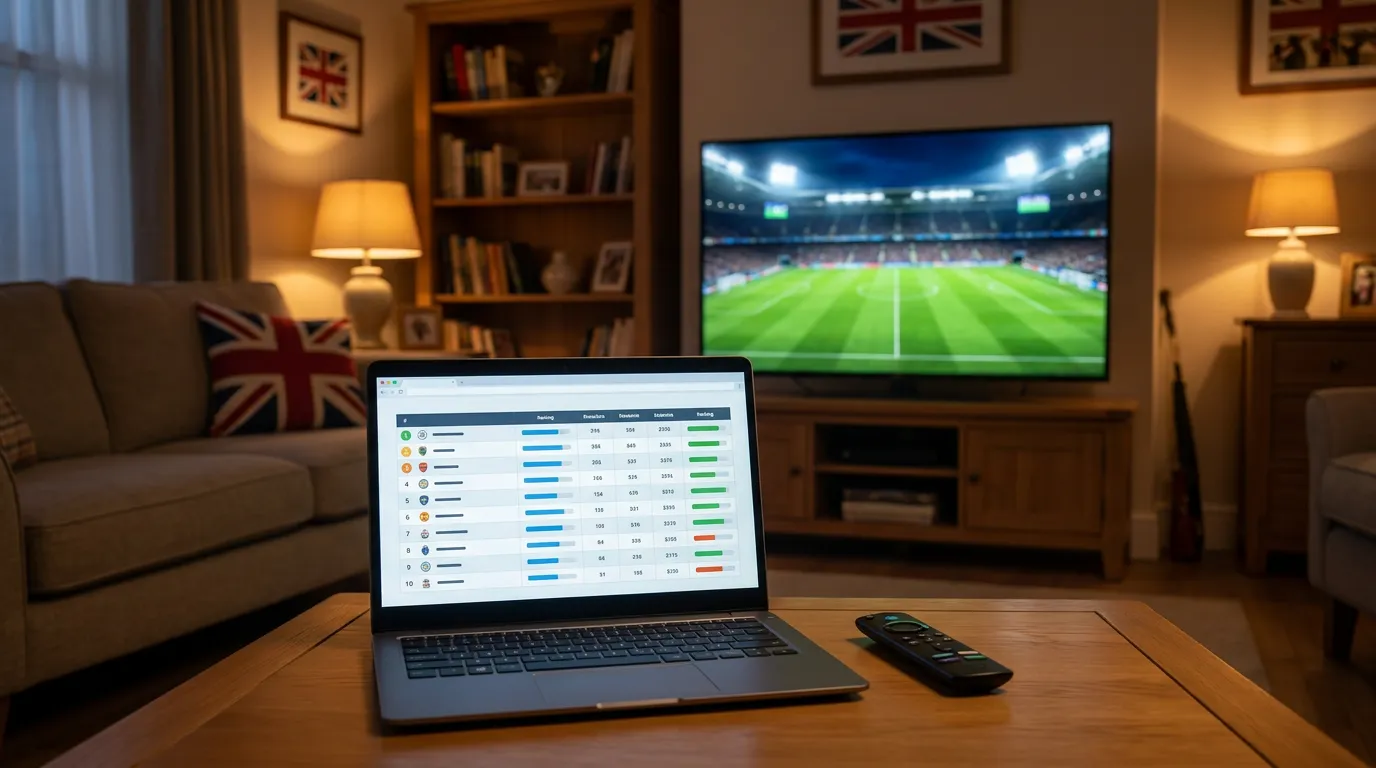 Best IPTV service UK 2026 – ranked comparison of IPTV services on a laptop screen with live sport playing in background