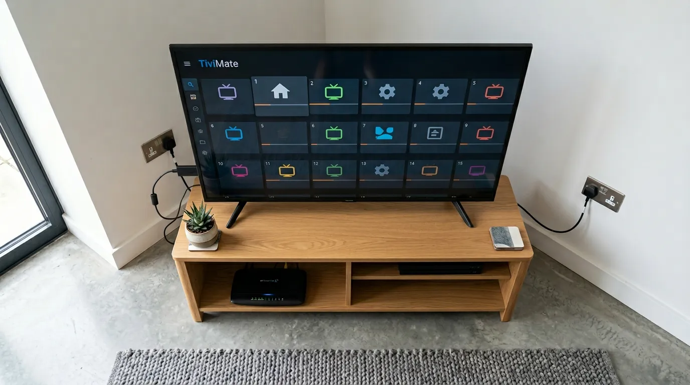 IPTV setup UK – Firestick in TV HDMI port with TiviMate channel grid on screen
