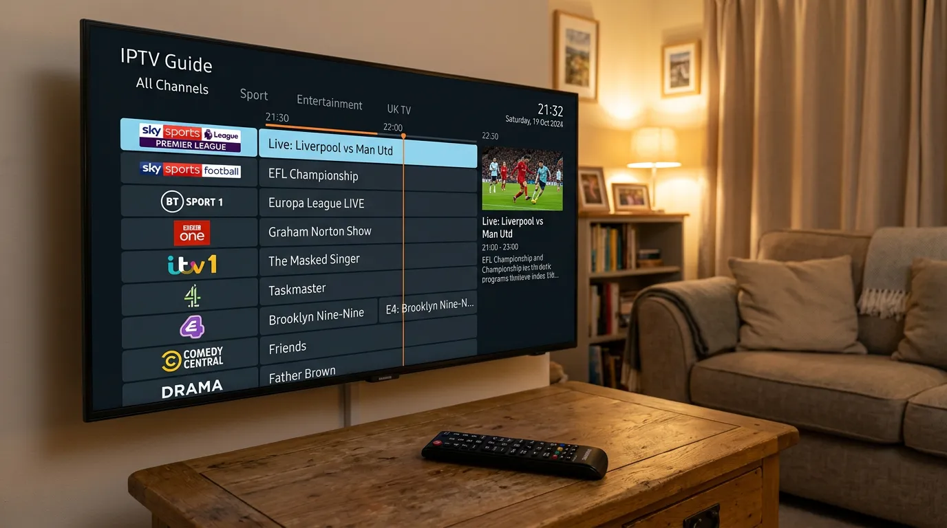 IPTV on Samsung smart TV UK showing channel guide interface